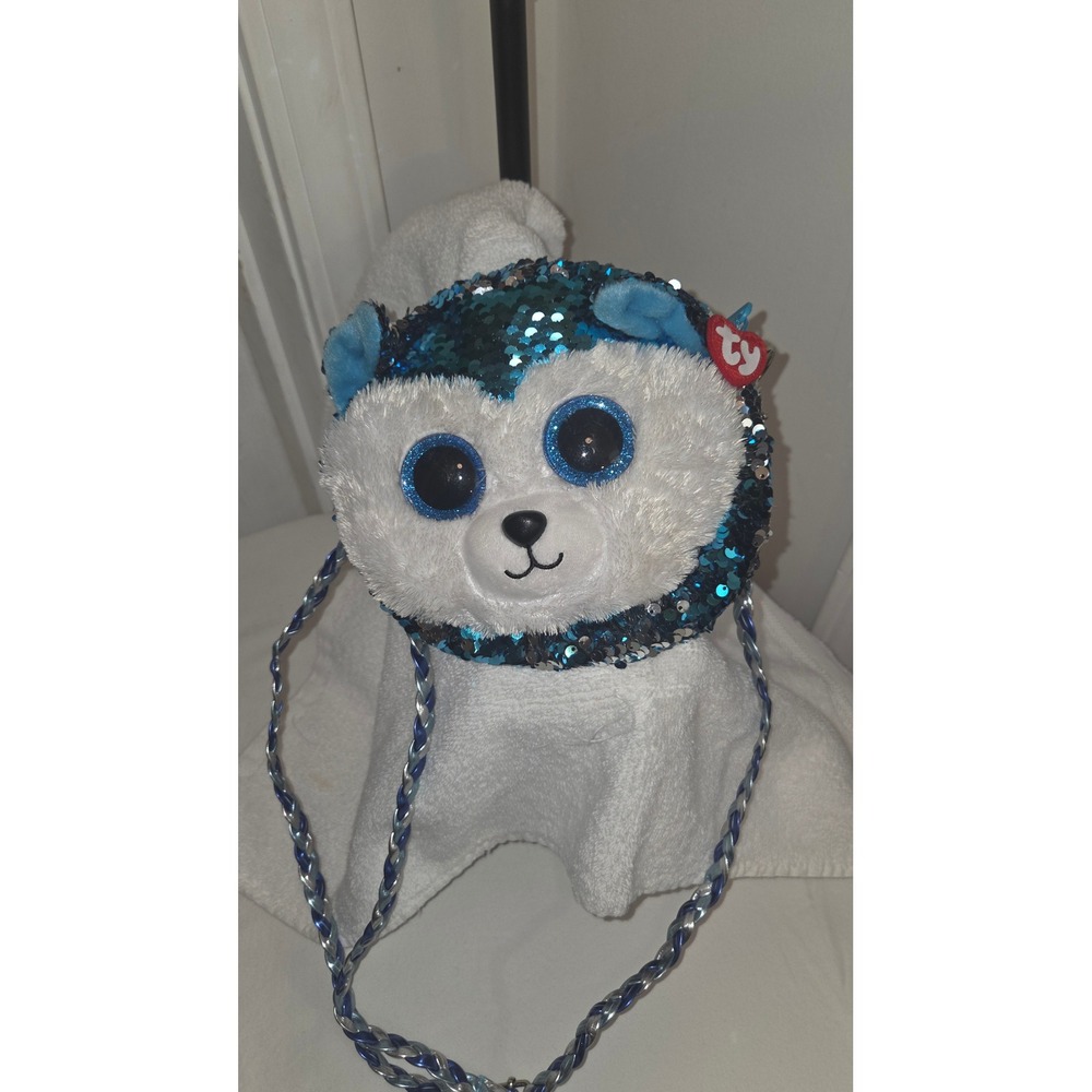 Ty Beanie Boos Slush the Husky Sequin Crossbody Purse Blue Silver Plush Bag